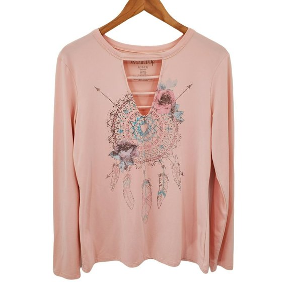 Wound Up Tops - Pink Dreamcatcher Long Sleeve Top Womens Sz L Western Feathers Tribal V-Neck